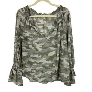Hana San Shirt Women 34 US 0 Camo Tissue Cotton Semi Sheer v neck